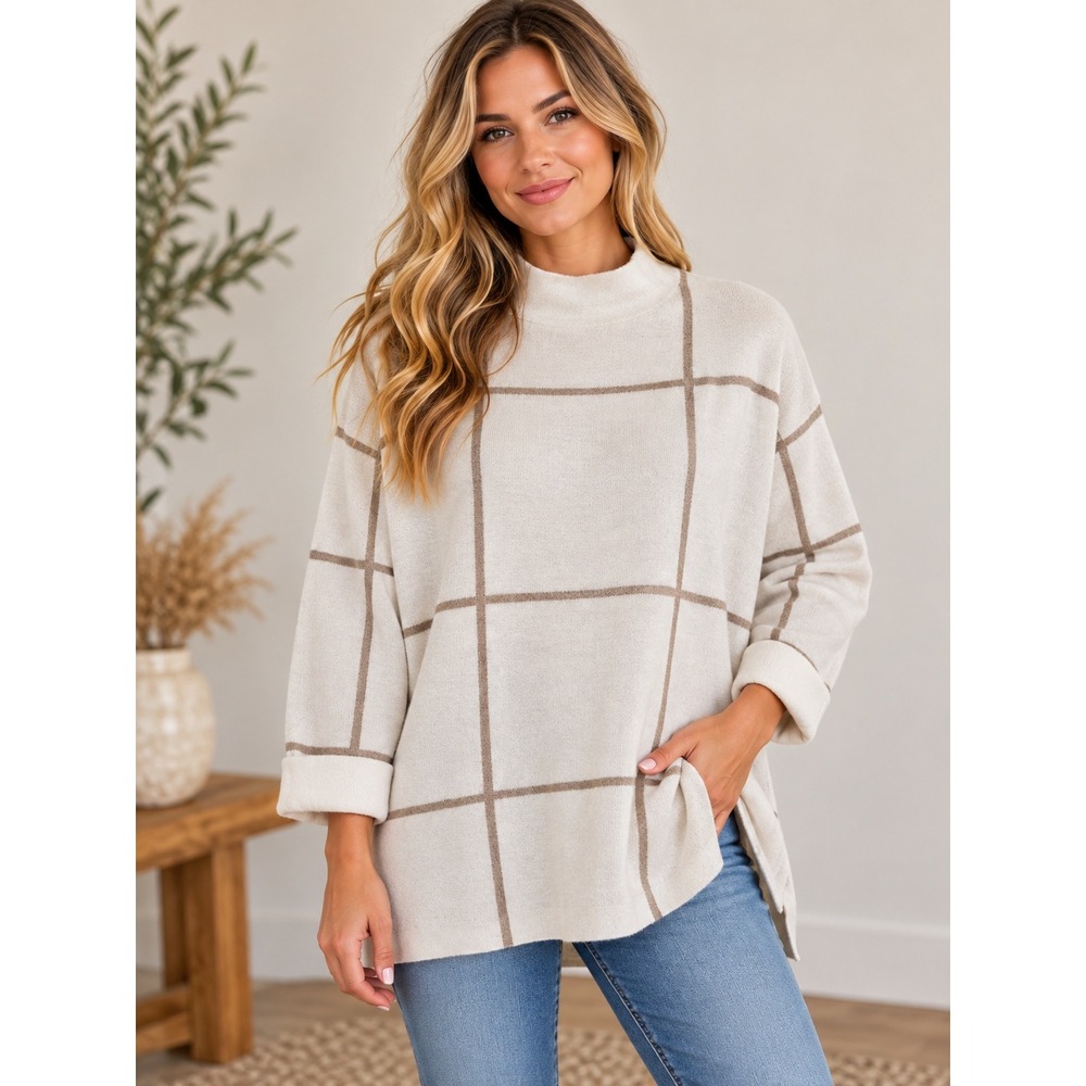 Christian Siriano New York Windowpane Plaid Mock Neck Sweater Small Cream Tan